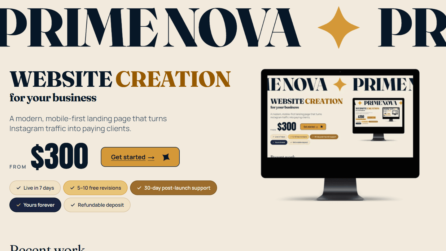 The Prime Nova landing page rendered on an iMac screen